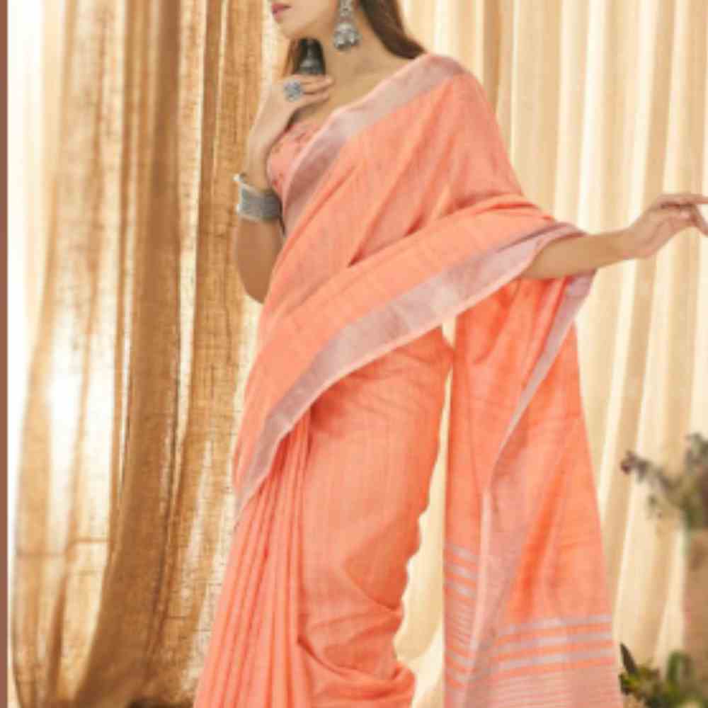 Pure Handloom Linen Peach Saree